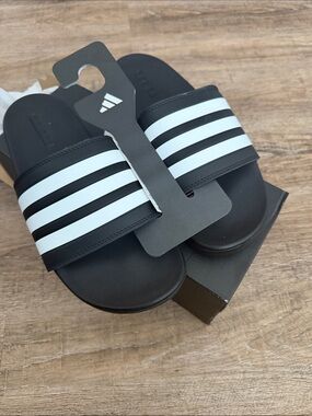 Brand new adidas Black Slides with White Three-Stripes